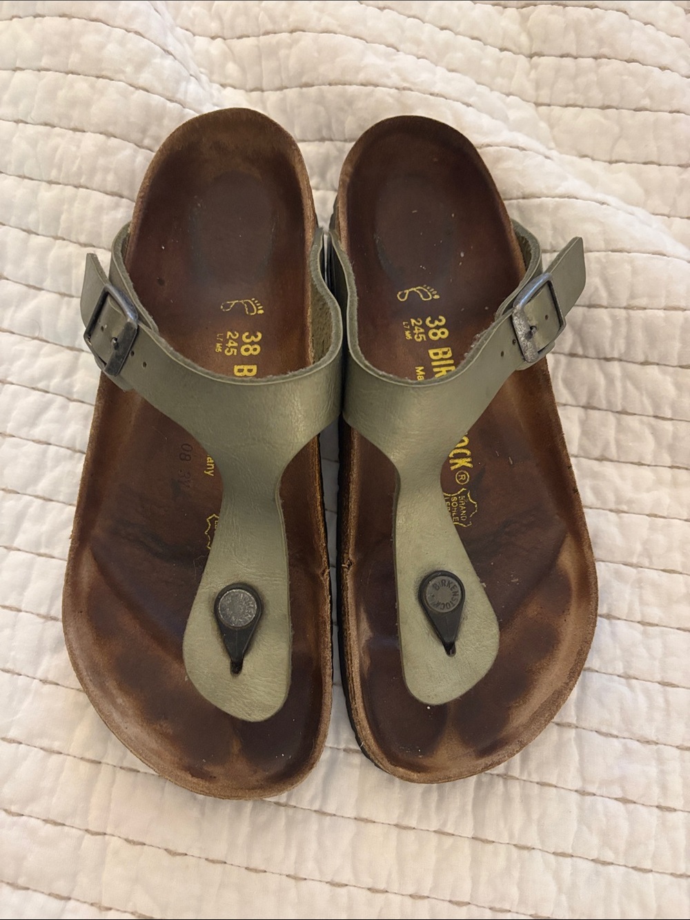 Birkenstock Olive Green Leather Thong Sandals with Buckle
